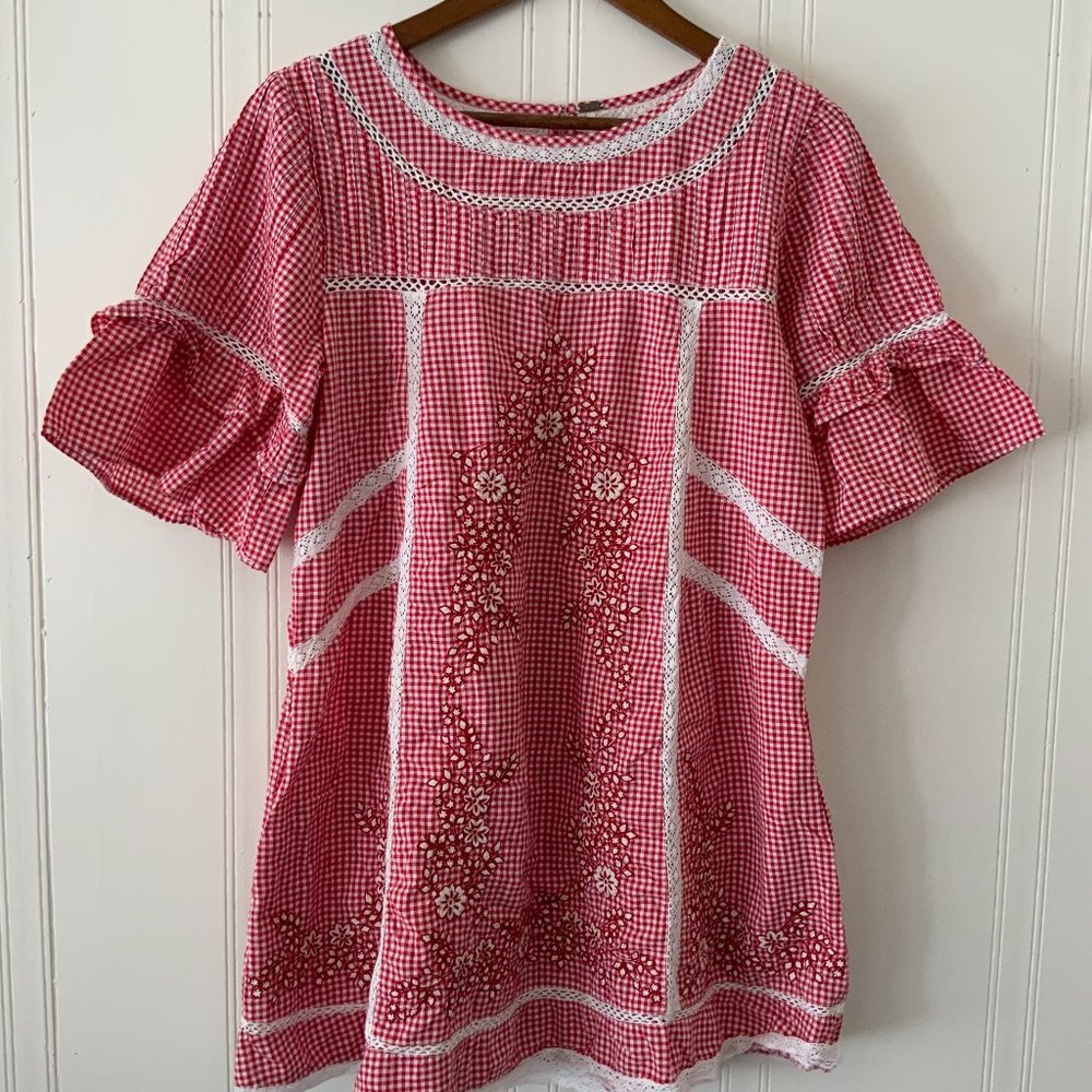 Free People Red Gingham Embroidered Tunic